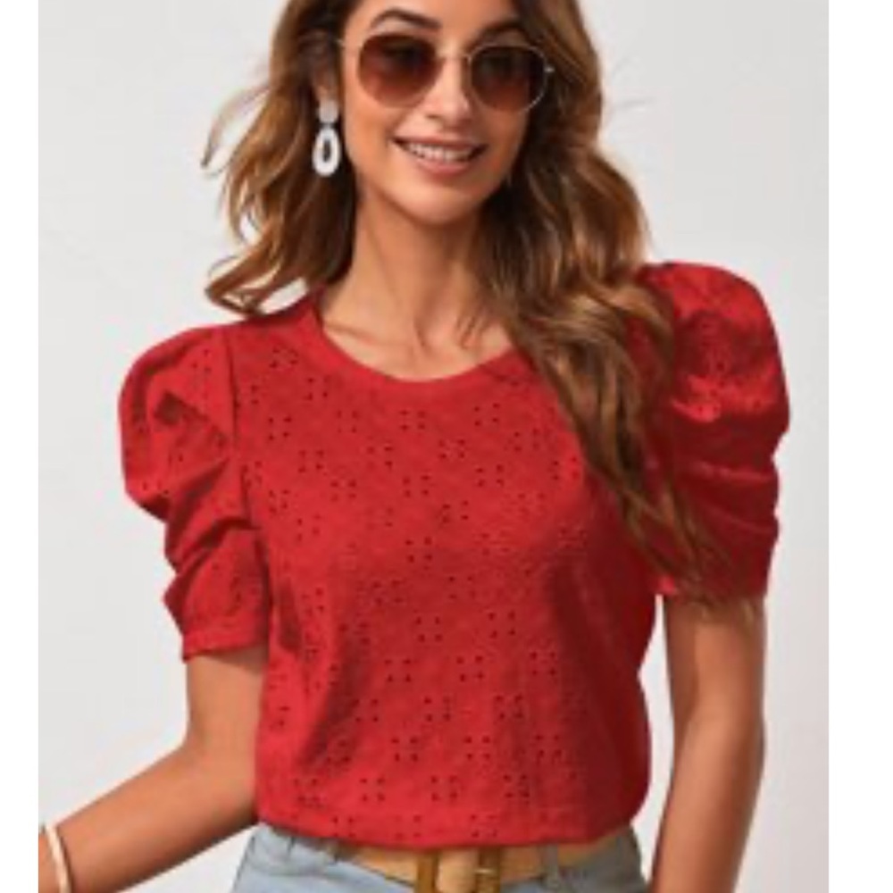 SHEIN Red Eyelet Puff Sleeve Top